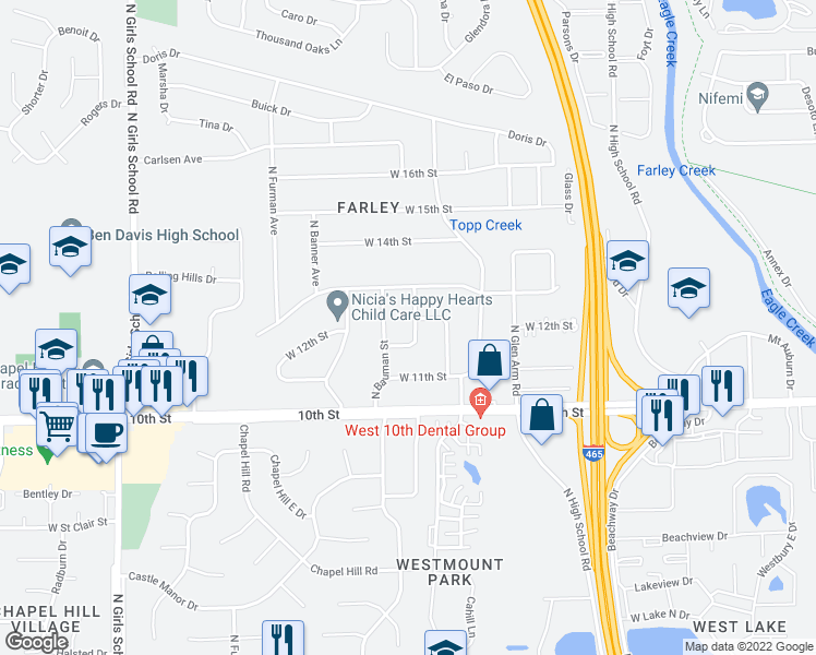 map of restaurants, bars, coffee shops, grocery stores, and more near 1202 Thorndale Street in Indianapolis