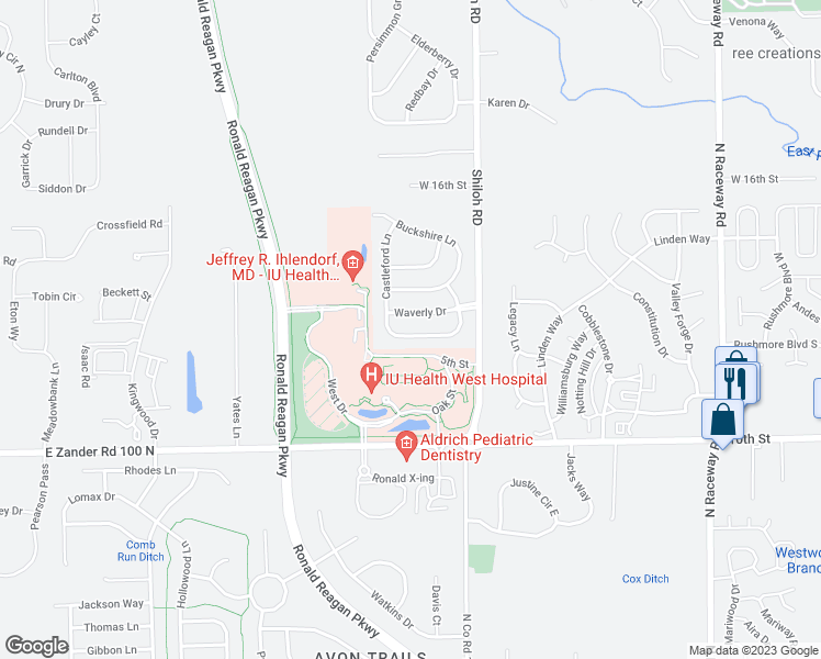 map of restaurants, bars, coffee shops, grocery stores, and more near 10358 Kensington Way in Indianapolis