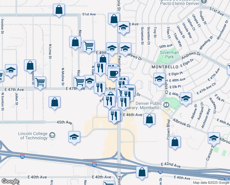 map of restaurants, bars, coffee shops, grocery stores, and more near 4685 Peoria Street in Denver