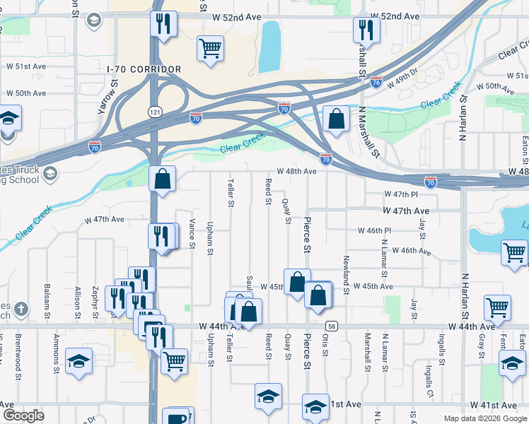 map of restaurants, bars, coffee shops, grocery stores, and more near 4665 Reed Street in Wheat Ridge