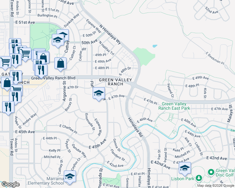 map of restaurants, bars, coffee shops, grocery stores, and more near 19843 East 47th Avenue in Denver