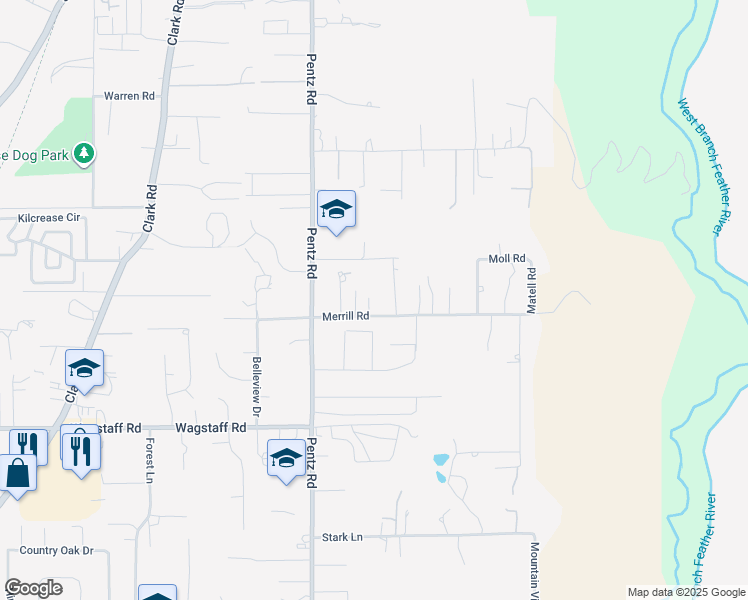 map of restaurants, bars, coffee shops, grocery stores, and more near 6796 Sylmar Lane in Paradise