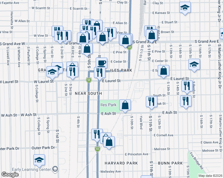 map of restaurants, bars, coffee shops, grocery stores, and more near 700-798 East Myrtle Street in Springfield