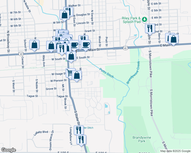 map of restaurants, bars, coffee shops, grocery stores, and more near 401 East Osage Street in Greenfield
