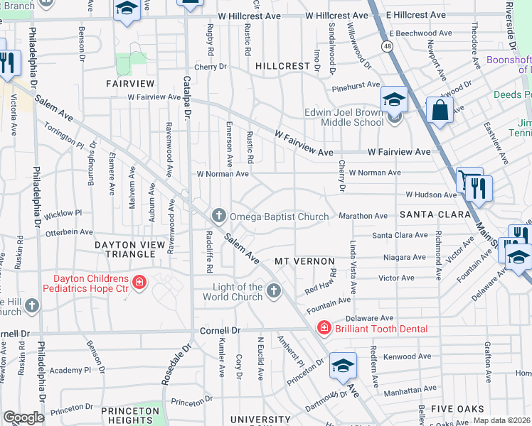 map of restaurants, bars, coffee shops, grocery stores, and more near 436 Brookside Drive in Dayton