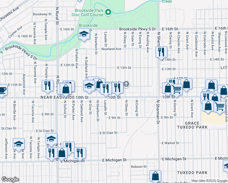 map of restaurants, bars, coffee shops, grocery stores, and more near 3318 East 10th Street in Indianapolis