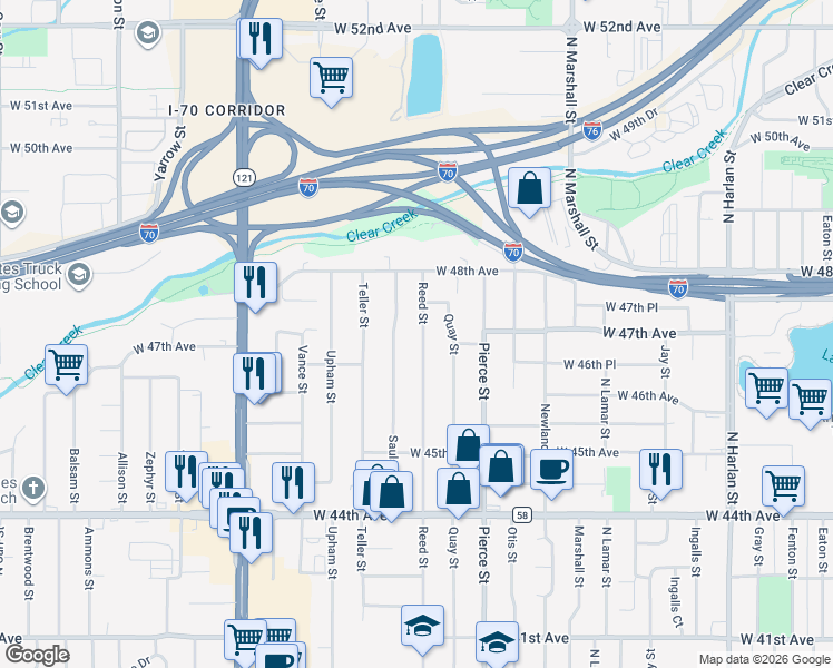 map of restaurants, bars, coffee shops, grocery stores, and more near 4665 Reed Street in Wheat Ridge