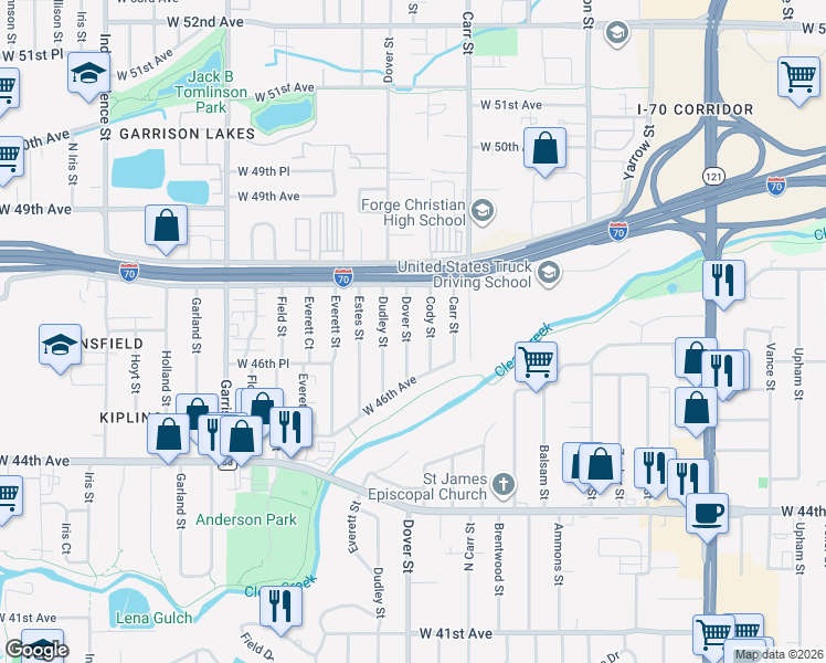 map of restaurants, bars, coffee shops, grocery stores, and more near 4704 Dover Street in Wheat Ridge