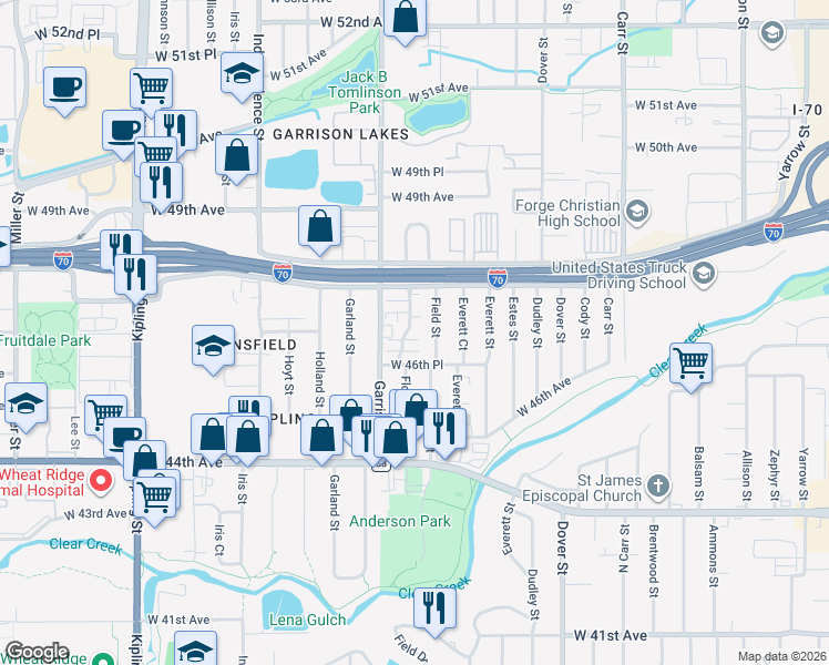 map of restaurants, bars, coffee shops, grocery stores, and more near 4632 Flower Street in Wheat Ridge