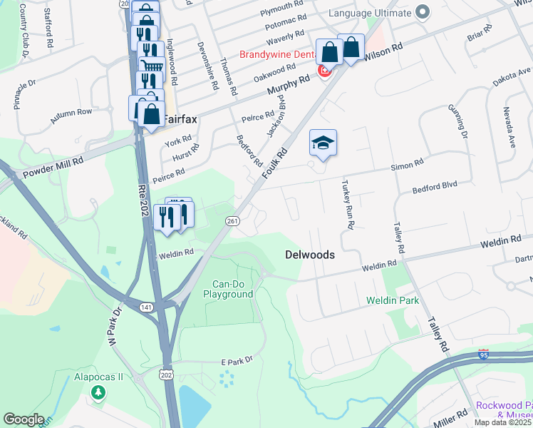 map of restaurants, bars, coffee shops, grocery stores, and more near 402 Foulk Road in Wilmington