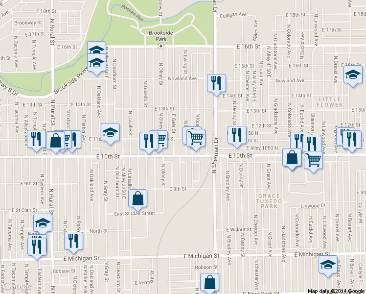 map of restaurants, bars, coffee shops, grocery stores, and more near 3602 East 10th Street in Indianapolis