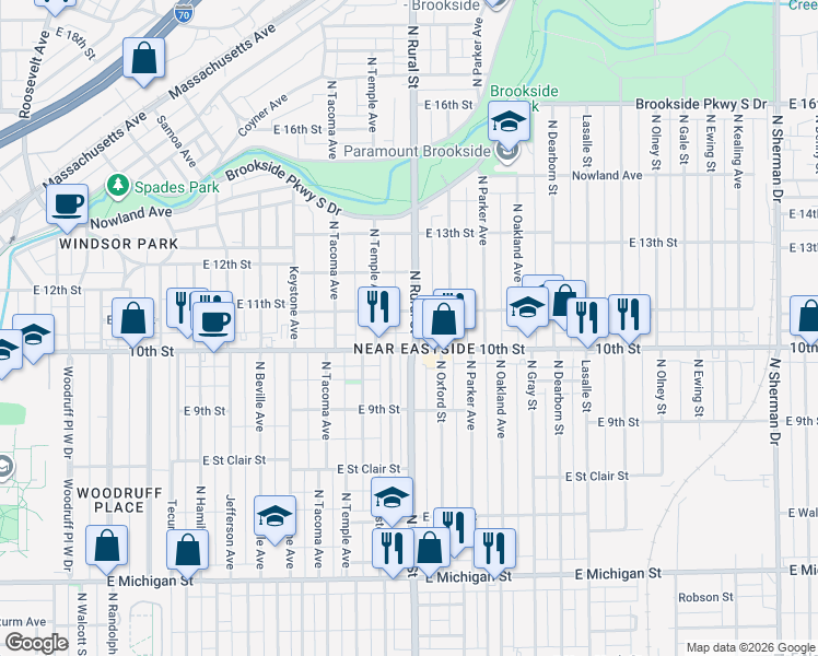map of restaurants, bars, coffee shops, grocery stores, and more near 2811 East 10th Street in Indianapolis