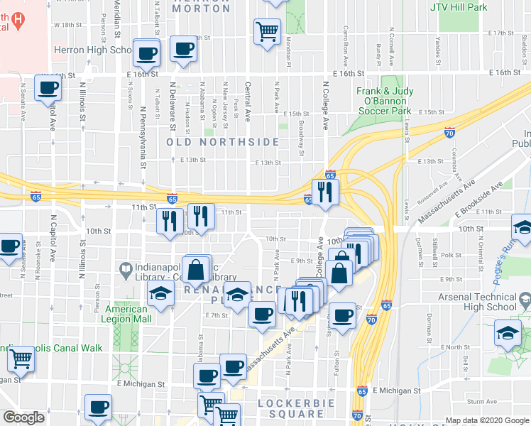 map of restaurants, bars, coffee shops, grocery stores, and more near 537 East 11th Street in Indianapolis