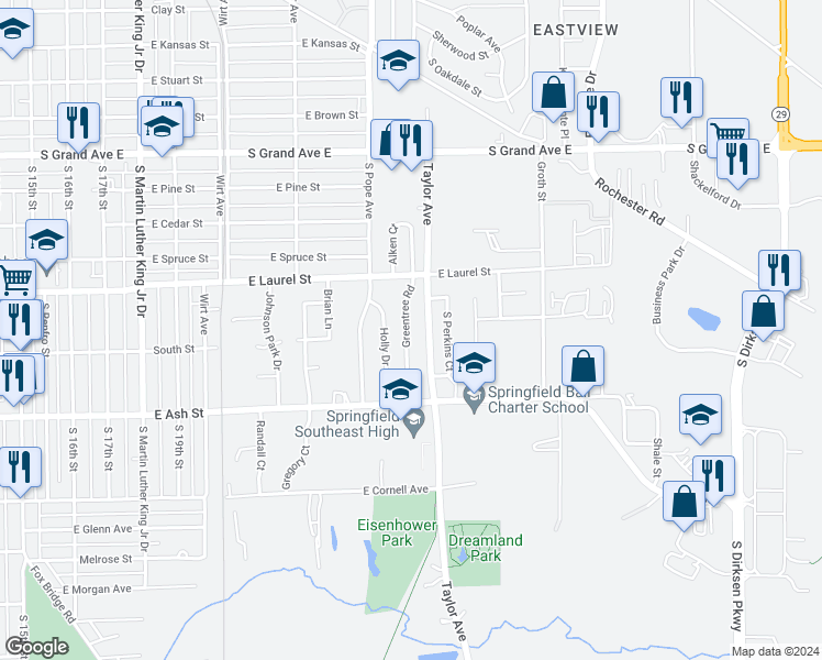 map of restaurants, bars, coffee shops, grocery stores, and more near 1832 Greentree Road in Springfield