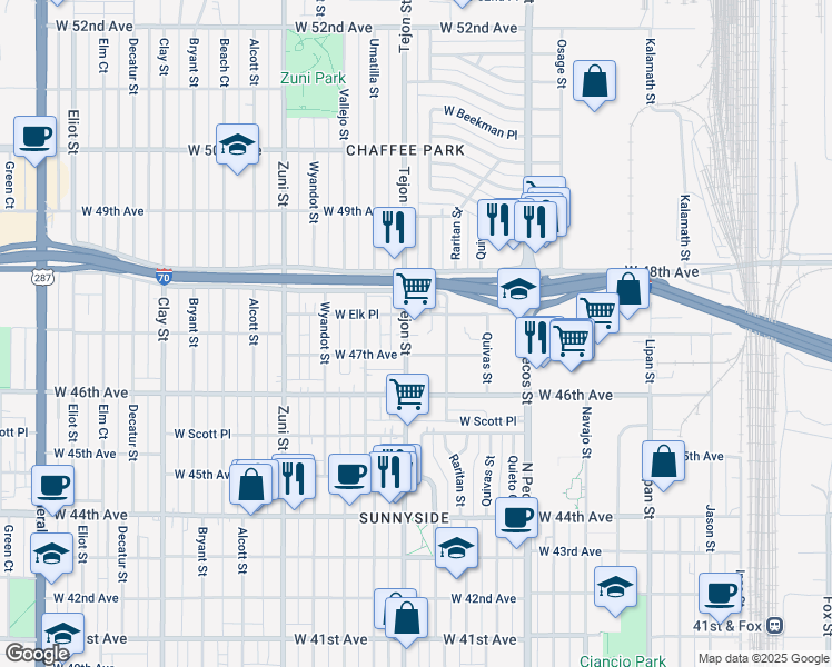 map of restaurants, bars, coffee shops, grocery stores, and more near 1935 West 47th Avenue in Denver