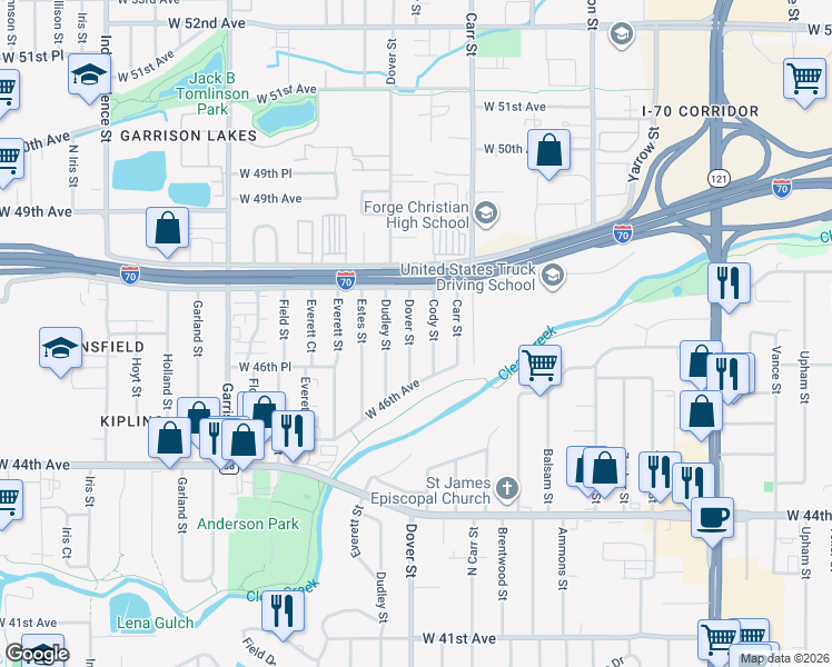 map of restaurants, bars, coffee shops, grocery stores, and more near 4704 Dover Street in Wheat Ridge