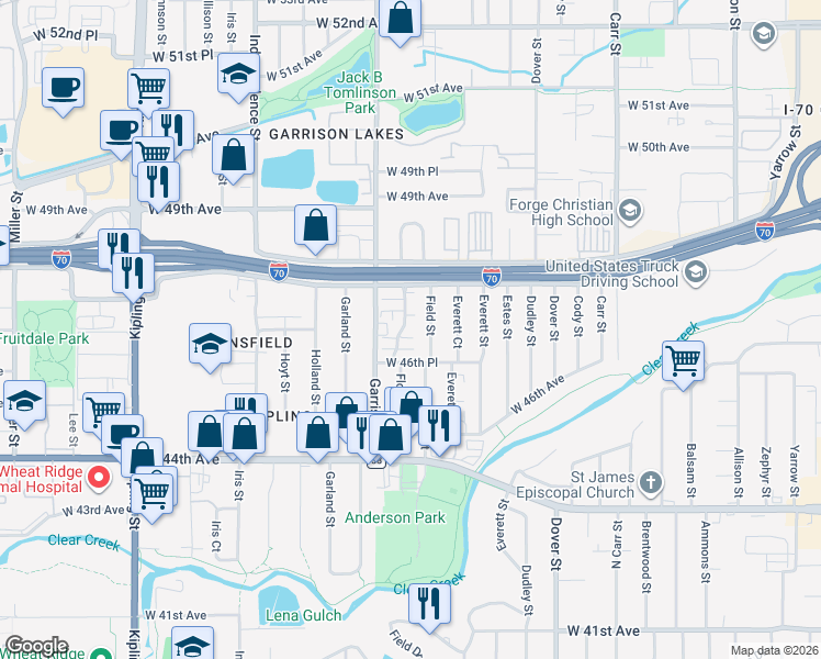 map of restaurants, bars, coffee shops, grocery stores, and more near 4632 Flower Street in Wheat Ridge