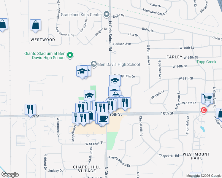 map of restaurants, bars, coffee shops, grocery stores, and more near 1096 North Girls School Road in Indianapolis