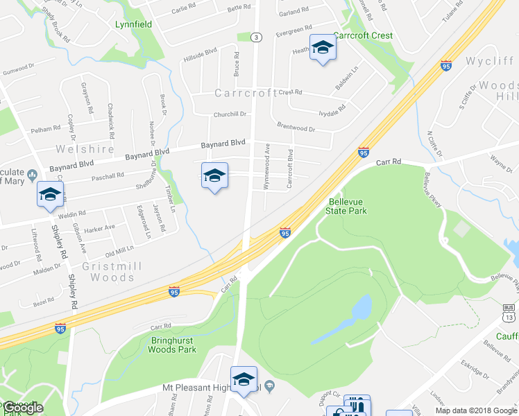 map of restaurants, bars, coffee shops, grocery stores, and more near 701 Wynnewood Avenue in Wilmington