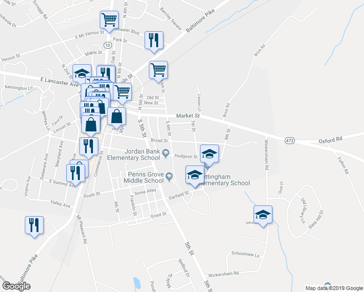 map of restaurants, bars, coffee shops, grocery stores, and more near 624 Broad Street in Oxford