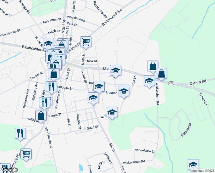 map of restaurants, bars, coffee shops, grocery stores, and more near 624 Broad Street in Oxford