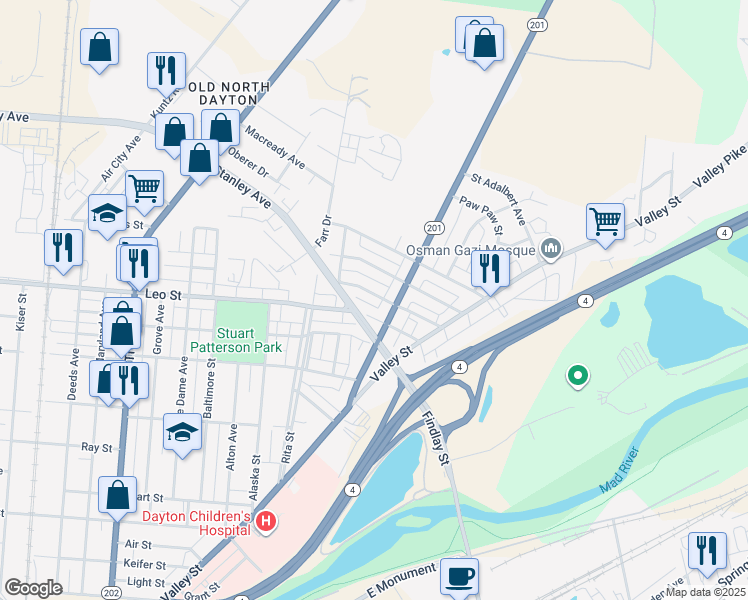map of restaurants, bars, coffee shops, grocery stores, and more near 2048 Stegman Avenue in Dayton