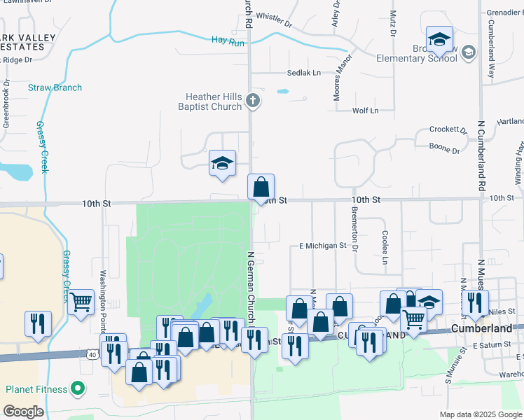 map of restaurants, bars, coffee shops, grocery stores, and more near 965 North German Church Road in Indianapolis