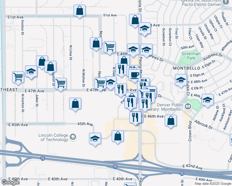 map of restaurants, bars, coffee shops, grocery stores, and more near 12000 East 47th Avenue in Denver