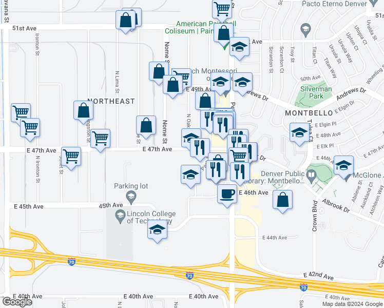 map of restaurants, bars, coffee shops, grocery stores, and more near 12000 East 47th Avenue in Denver