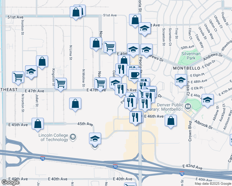 map of restaurants, bars, coffee shops, grocery stores, and more near 4665A Paris Street in Denver