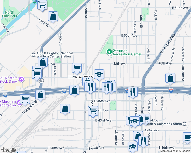 map of restaurants, bars, coffee shops, grocery stores, and more near 4670 Josephine Street in Denver