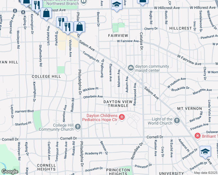 map of restaurants, bars, coffee shops, grocery stores, and more near 1901 Elsmere Avenue in Dayton