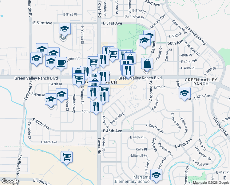 map of restaurants, bars, coffee shops, grocery stores, and more near 18570 East 47th Avenue in Denver