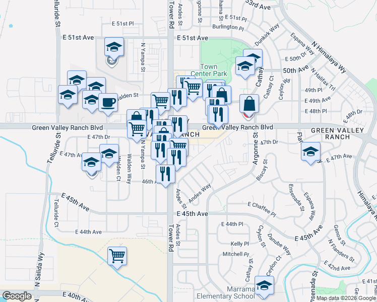 map of restaurants, bars, coffee shops, grocery stores, and more near 18570 East 47th Avenue in Denver