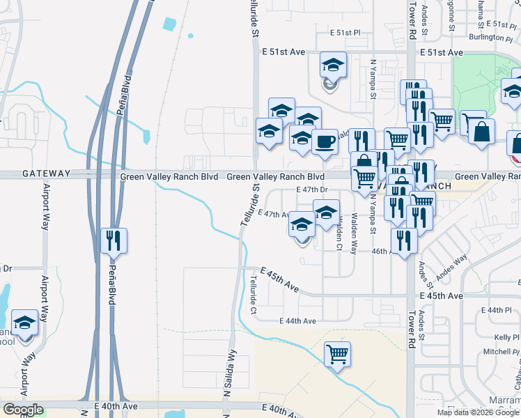 map of restaurants, bars, coffee shops, grocery stores, and more near 17748 East 47th Avenue in Denver
