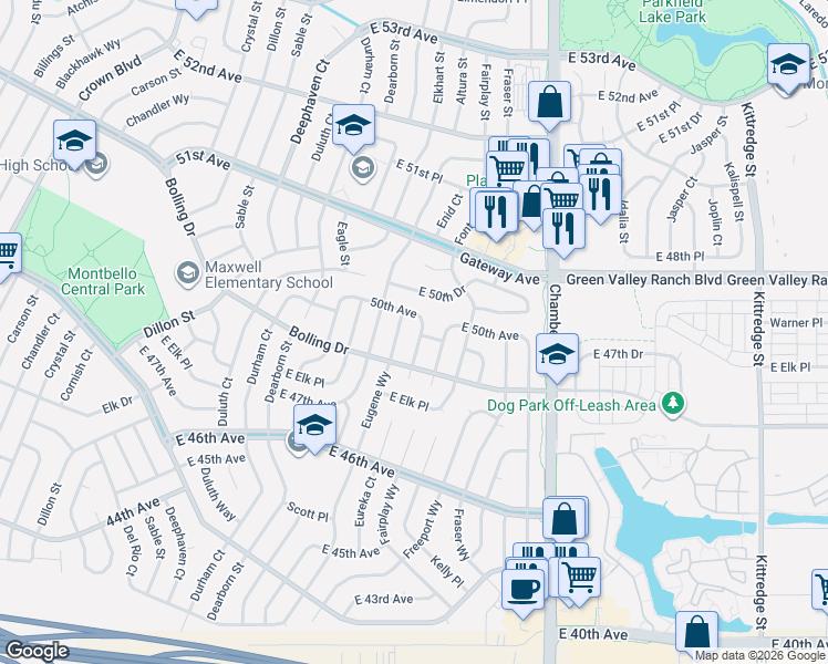 map of restaurants, bars, coffee shops, grocery stores, and more near 4919 Eureka Court in Denver