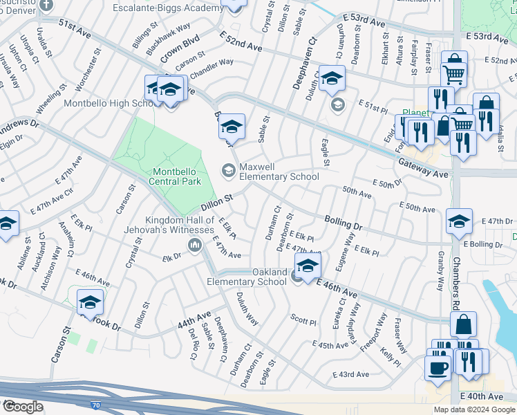 map of restaurants, bars, coffee shops, grocery stores, and more near 4773 Durham Court in Denver