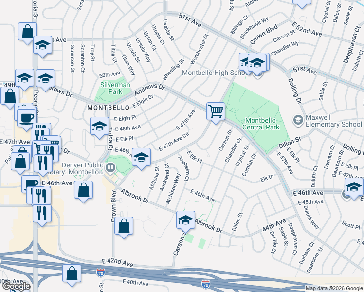 map of restaurants, bars, coffee shops, grocery stores, and more near 13980 East Elk Place in Denver