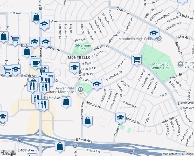 map of restaurants, bars, coffee shops, grocery stores, and more near 12945 East 46th Avenue in Denver