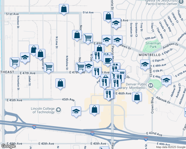 map of restaurants, bars, coffee shops, grocery stores, and more near 4665A Paris Street in Denver