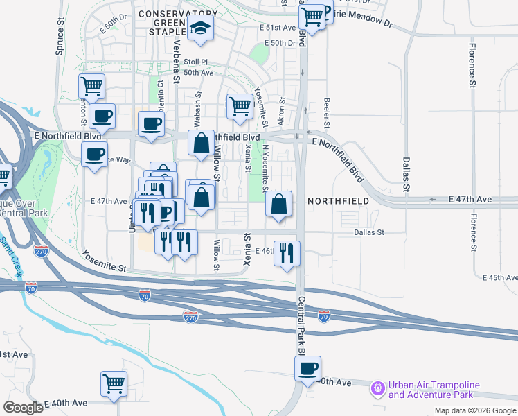 map of restaurants, bars, coffee shops, grocery stores, and more near 4733 Xenia Street in Denver