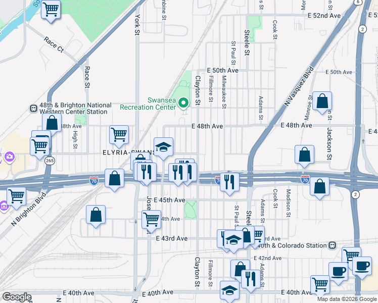 map of restaurants, bars, coffee shops, grocery stores, and more near 4671 Thompson Court in Denver
