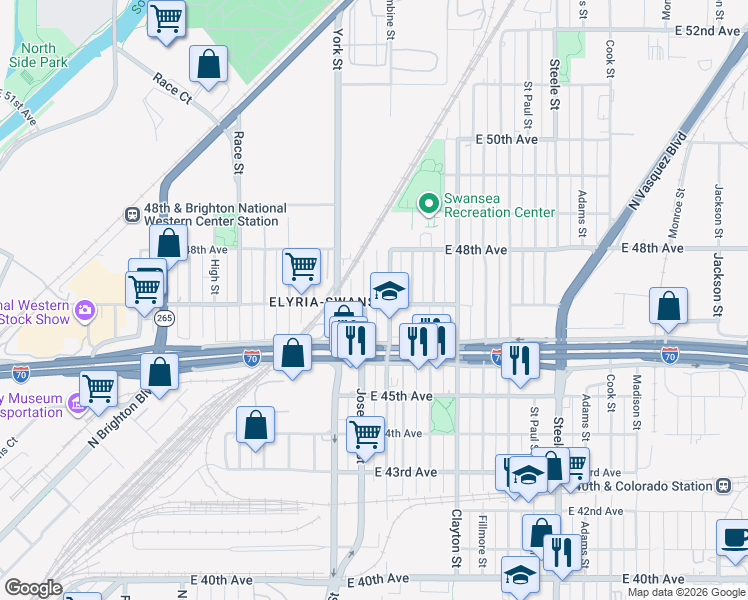 map of restaurants, bars, coffee shops, grocery stores, and more near 4670 Josephine Street in Denver