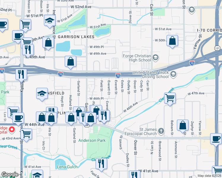map of restaurants, bars, coffee shops, grocery stores, and more near 4675 Everett Street in Wheat Ridge
