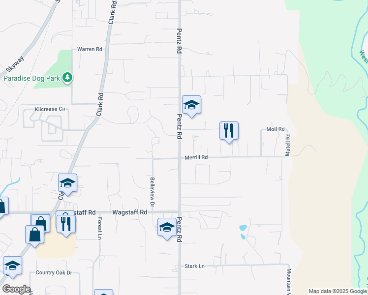 map of restaurants, bars, coffee shops, grocery stores, and more near 1701 Merrill Road in Paradise