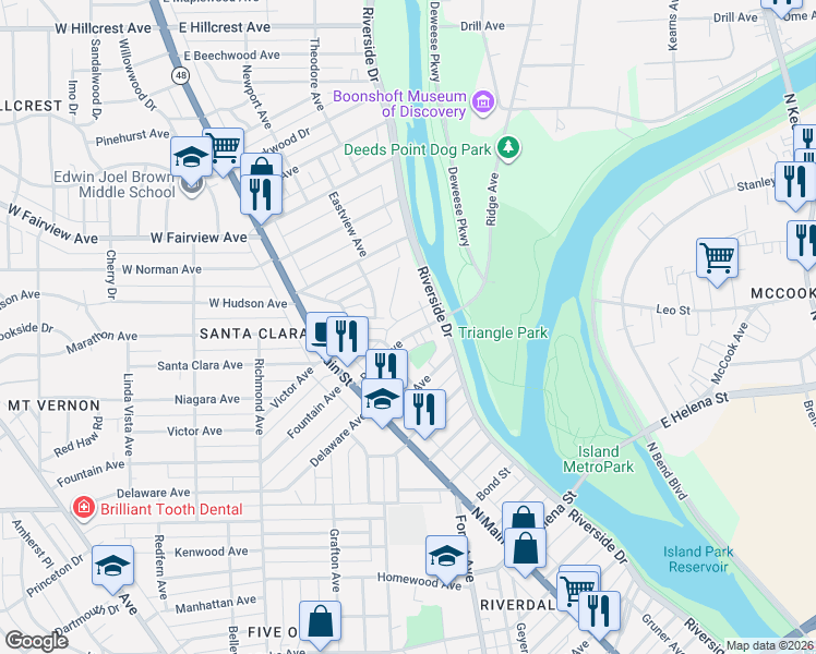 map of restaurants, bars, coffee shops, grocery stores, and more near 142 Ridge Avenue in Dayton