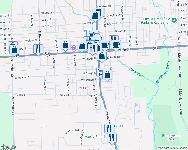 map of restaurants, bars, coffee shops, grocery stores, and more near 20 West Pierson Street in Greenfield