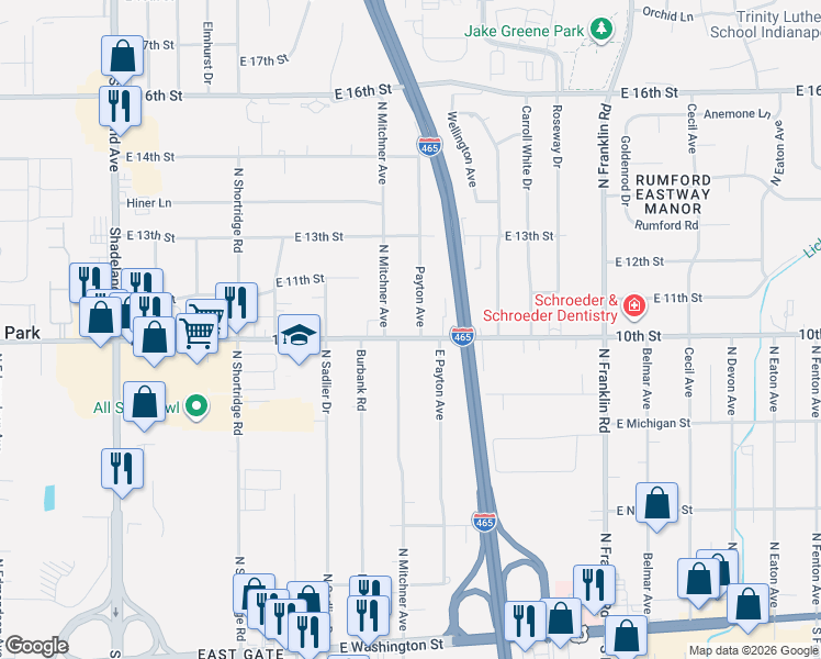 map of restaurants, bars, coffee shops, grocery stores, and more near 975 North Mitchner Avenue in Indianapolis