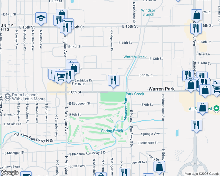 map of restaurants, bars, coffee shops, grocery stores, and more near 6250 East 10th Street in Indianapolis