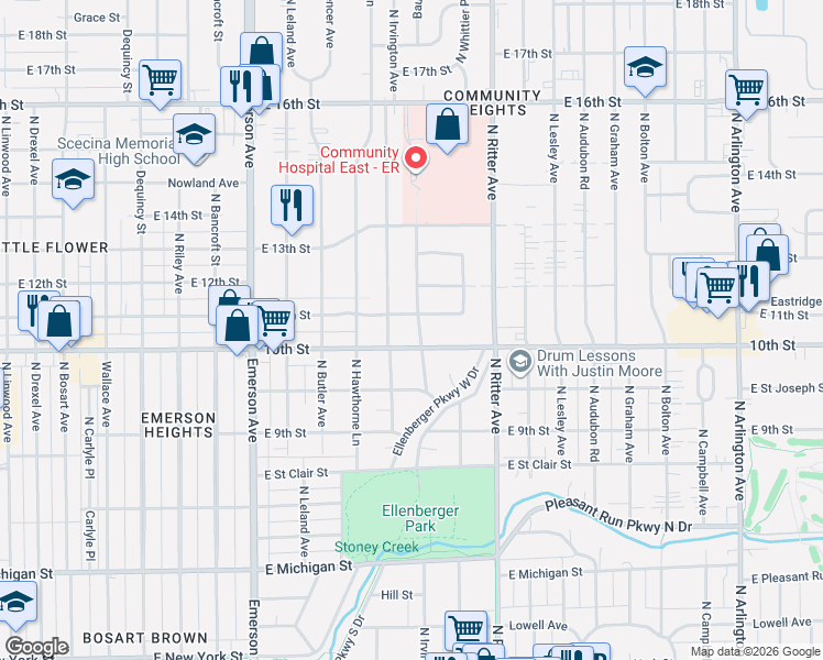 map of restaurants, bars, coffee shops, grocery stores, and more near 5334 East 10th Street in Indianapolis